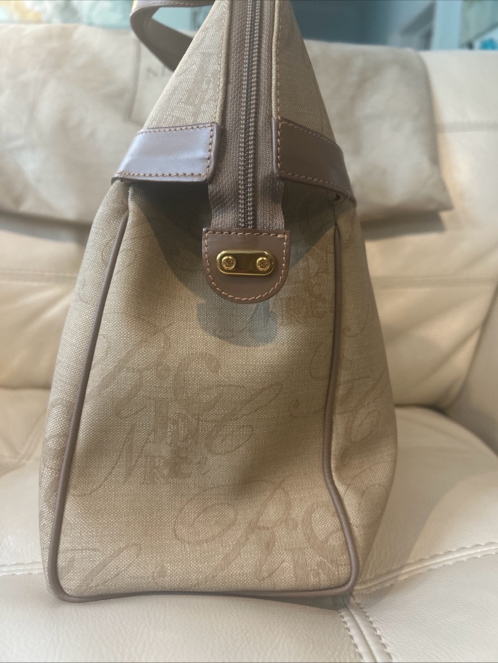 Nina Ricci Beige Canvas Coated Vintage Satchel with Brown Leather Trim/Gold - Picture 8 of 12